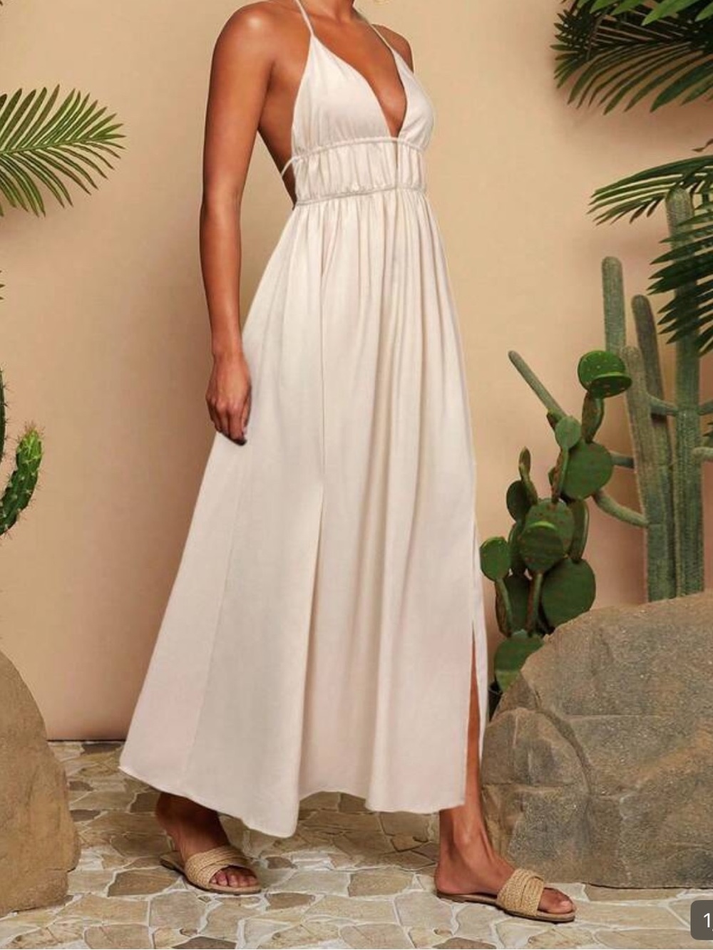 Sleeveless V-Neck Cream Maxi Dress
